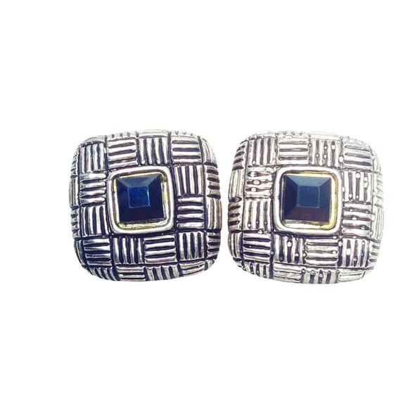 Silver Tone Metal Square ClipOn Square Earrings Black Rhinestone 80s Vtg Jewelry - Picture 3 of 3